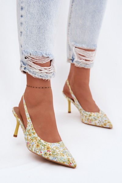Embellished Women's Heeled Sandals With Floral Pattern Yellow Olivelle
