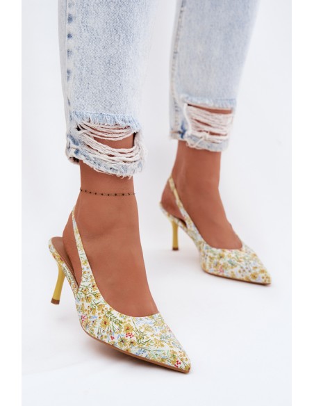 Embellished Women's Heeled Sandals With Floral Pattern Yellow Olivelle