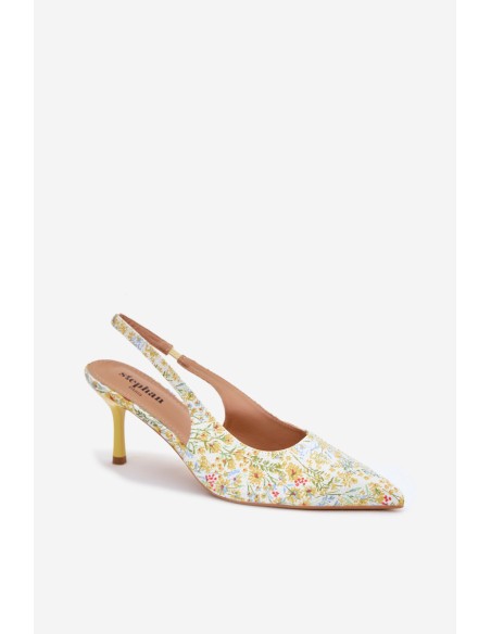 Embellished Women's Heeled Sandals With Floral Pattern Yellow Olivelle