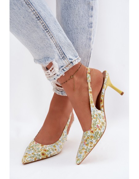 Embellished Women's Heeled Sandals With Floral Pattern Yellow Olivelle