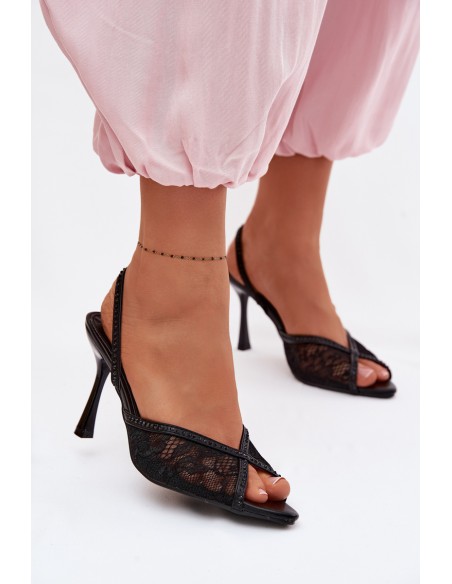 Women's High Heel Sandals With Lace And Embellishments Black Melivelle