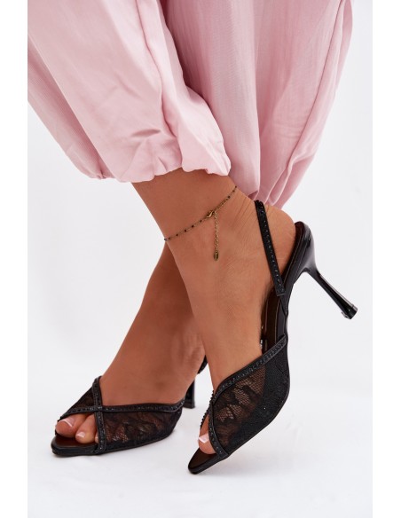 Women's High Heel Sandals With Lace And Embellishments Black Melivelle