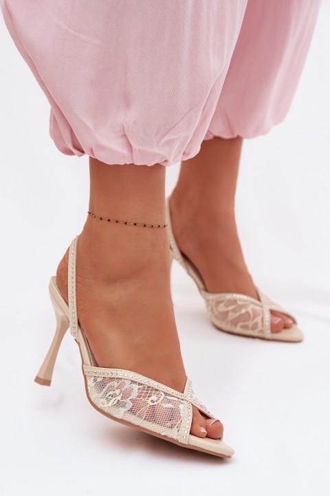 Women's High Heel Sandals With Lace And Embellishments Beige Melivelle
