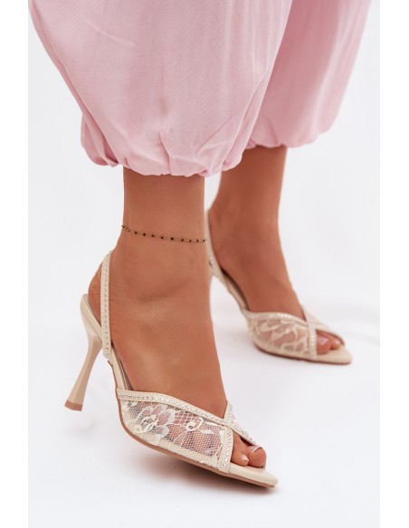 Women's High Heel Sandals With Lace And Embellishments Beige Melivelle