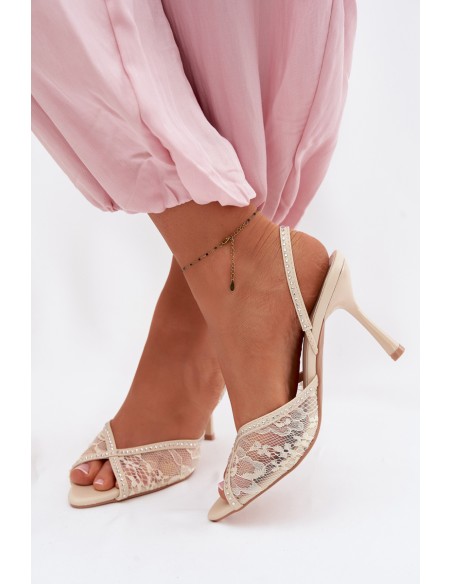Women's High Heel Sandals With Lace And Embellishments Beige Melivelle