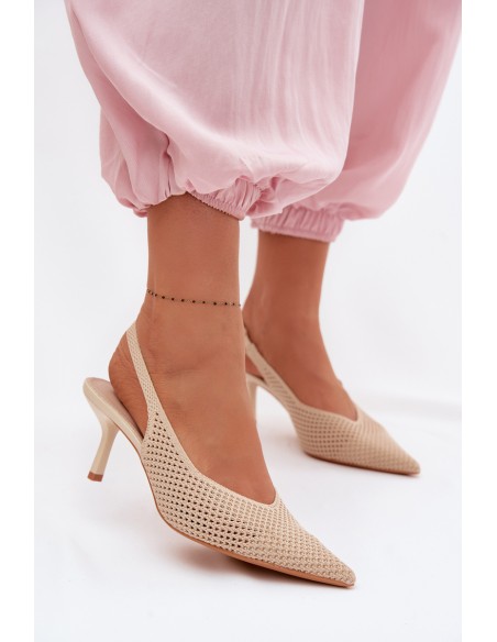 Women's Mesh Material Sandals With Heel Beige Emiliana