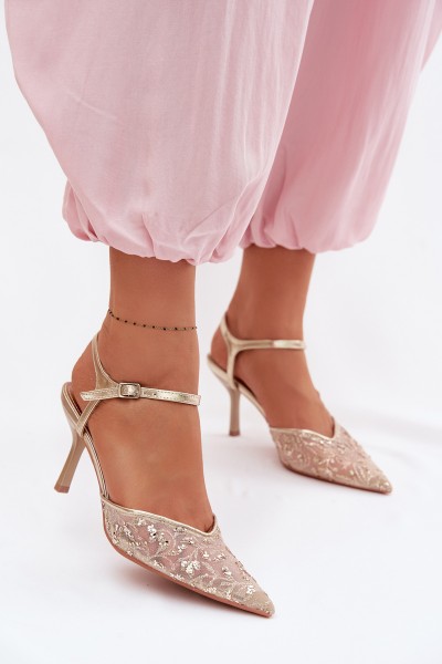 Women's Mesh Heeled Sandals With Sparkling Embellishment Gold Laria