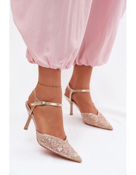 Women's Mesh Heeled Sandals With Sparkling Embellishment Gold Laria