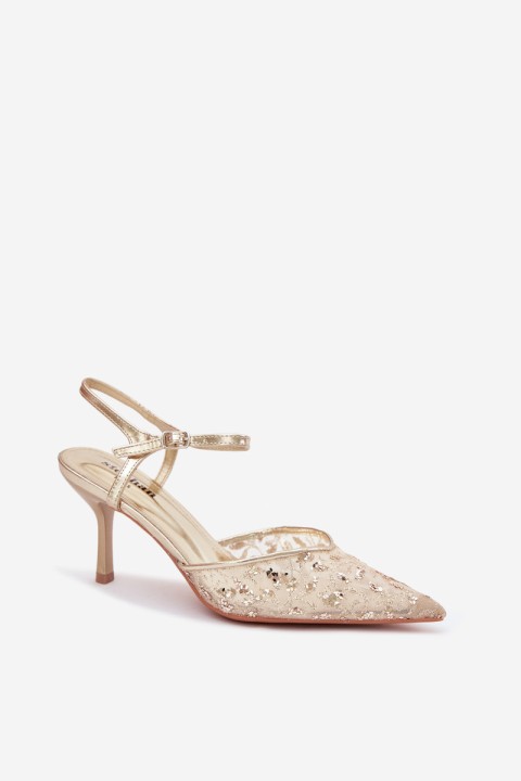 Women's Mesh Heeled Sandals With Sparkling Embellishment Gold Laria
