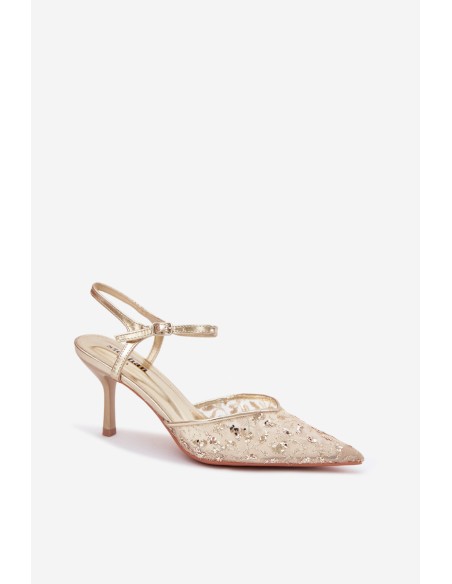 Women's Mesh Heeled Sandals With Sparkling Embellishment Gold Laria