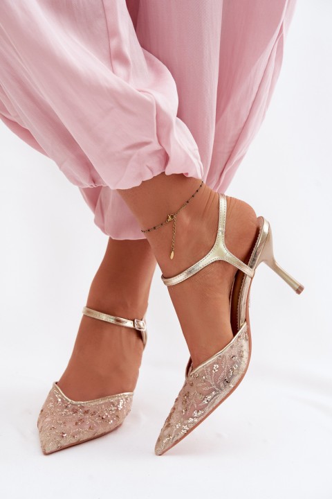 Women's Mesh Heeled Sandals With Sparkling Embellishment Gold Laria