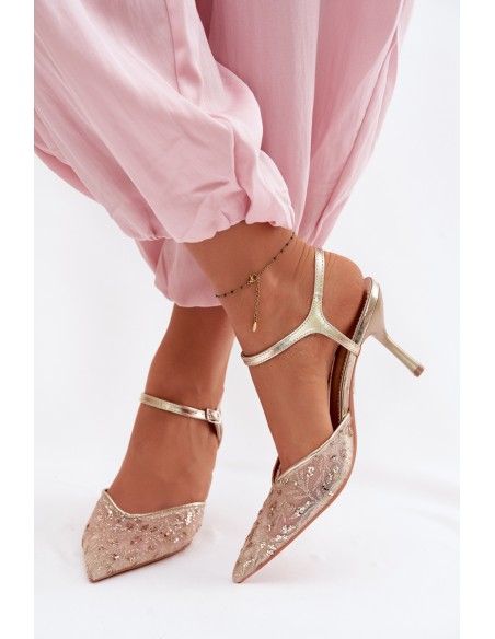 Women's Mesh Heeled Sandals With Sparkling Embellishment Gold Laria