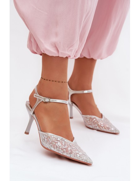 Women's Mesh High Heel Sandals With Sparkling Embellishment Silver Laria