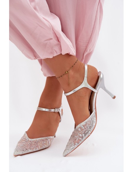Women's Mesh High Heel Sandals With Sparkling Embellishment Silver Laria