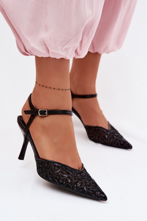 Women's Mesh High Heel Sandals With Shiny Embellishment Black Laria