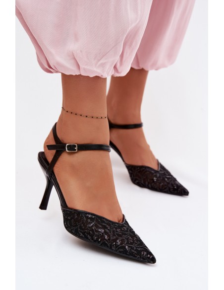 Women's Mesh High Heel Sandals With Shiny Embellishment Black Laria