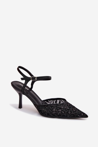 Women's Mesh High Heel Sandals With Shiny Embellishment Black Laria 2