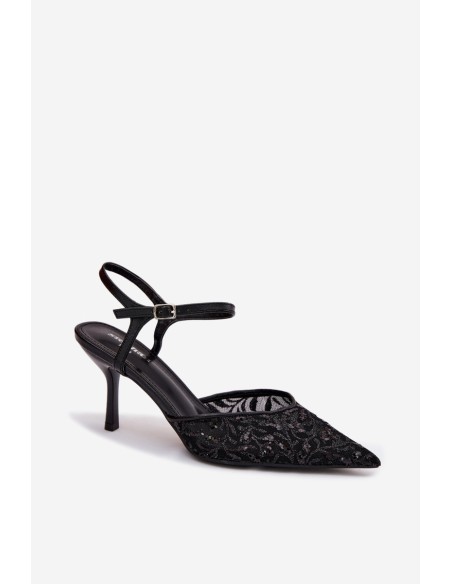 Women's Mesh High Heel Sandals With Shiny Embellishment Black Laria