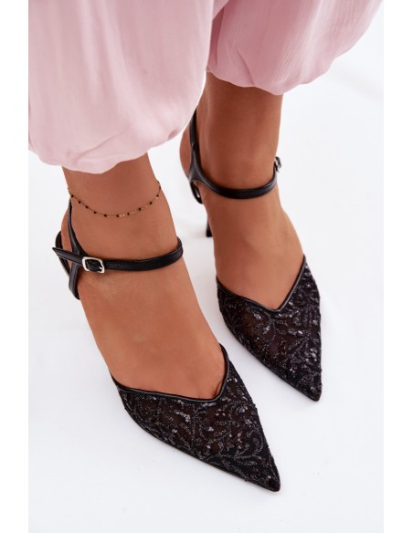 Women's Mesh High Heel Sandals With Shiny Embellishment Black Laria