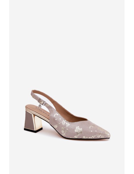 Leather Ladies Sandals On A Heel With Pointed Toes Gold-Silver Vinceza 66733