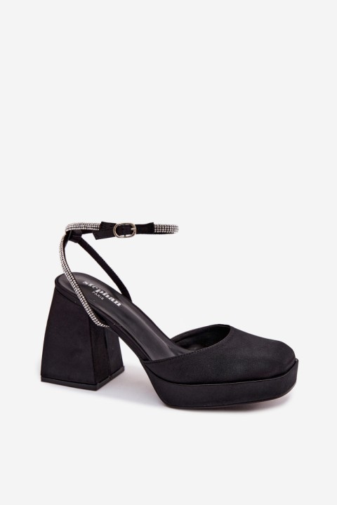 Women's Block Heel Sandals with Strap and Rhinestones Black Seraphina