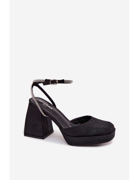 Women's Block Heel Sandals with Strap and Rhinestones Black Seraphina