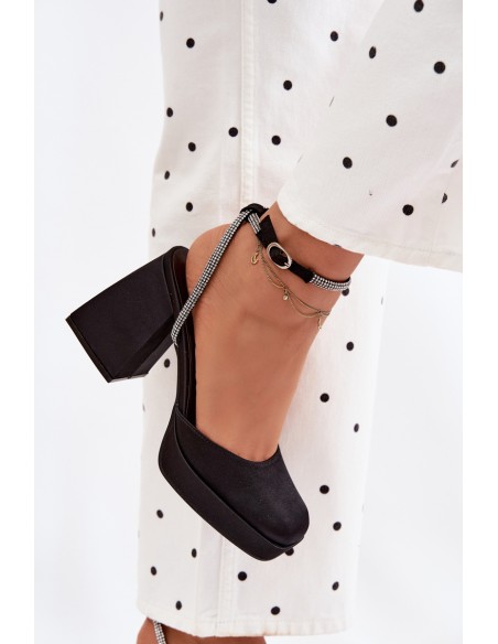 Women's Block Heel Sandals with Strap and Rhinestones Black Seraphina