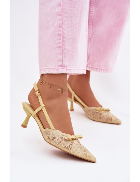 Lace Women's Heeled Sandals With Bow Yellow Maribelle