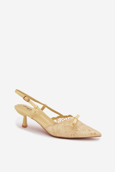 Lace Women's Heeled Sandals With Bow Yellow Maribelle 2