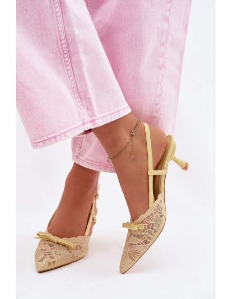 Lace Women's Heeled Sandals With Bow Yellow Maribelle