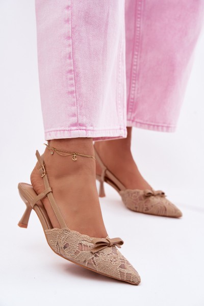 Women's Lace Heeled Sandals With Bow Beige Maribelle