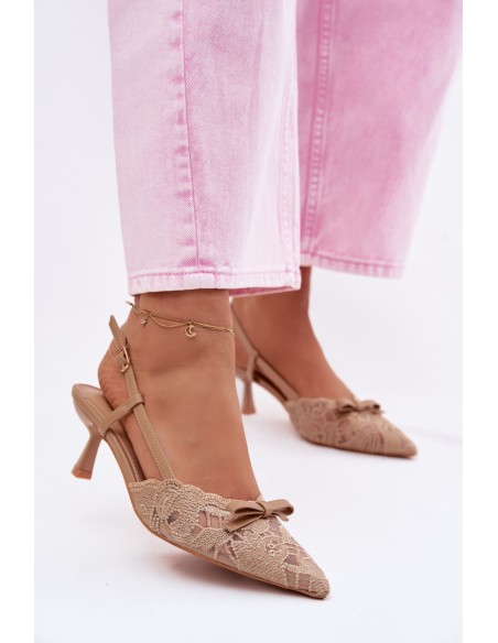 Women's Lace Heeled Sandals With Bow Beige Maribelle