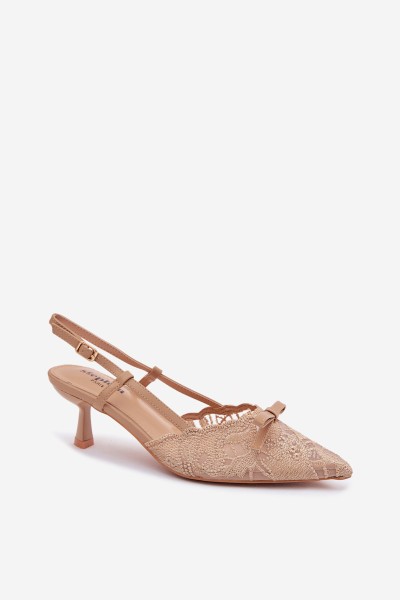 Women's Lace Heeled Sandals With Bow Beige Maribelle 2