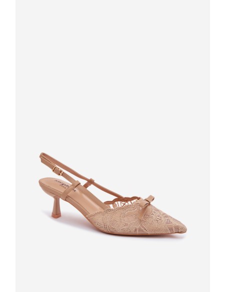 Women's Lace Heeled Sandals With Bow Beige Maribelle
