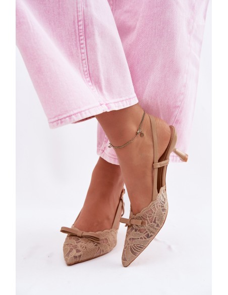 Women's Lace Heeled Sandals With Bow Beige Maribelle