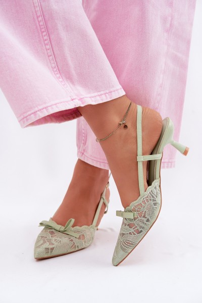 Lace Women's Heeled Sandals With Bow Green Maribelle 2