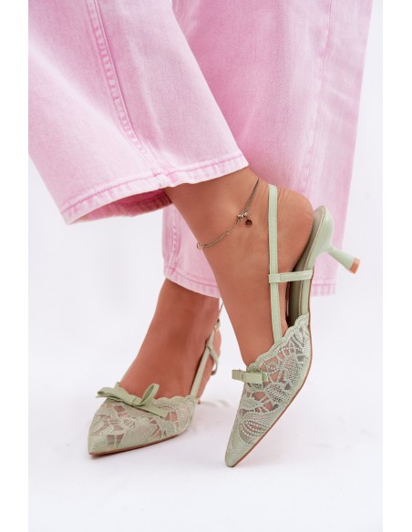 Lace Women's Heeled Sandals With Bow Green Maribelle