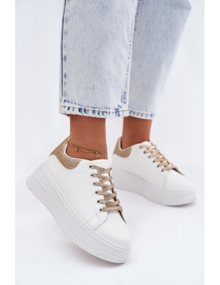 Women's Platform Sneakers With Imitation Leather White-Gold Glitter Calinae