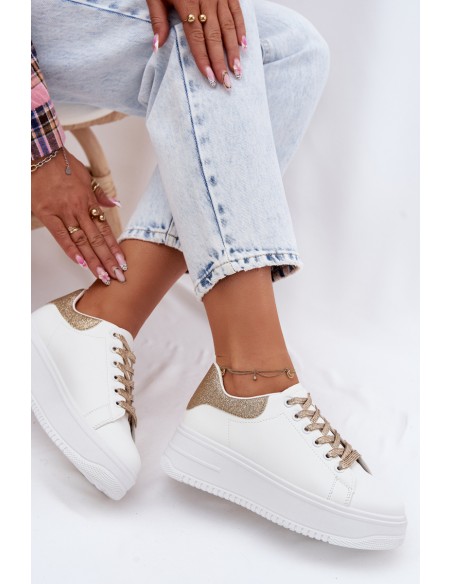Women's Platform Sneakers With Imitation Leather White-Gold Glitter Calinae