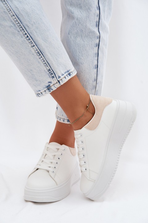 Women's Platform Sneakers With Faux Leather White-Beige Calinae