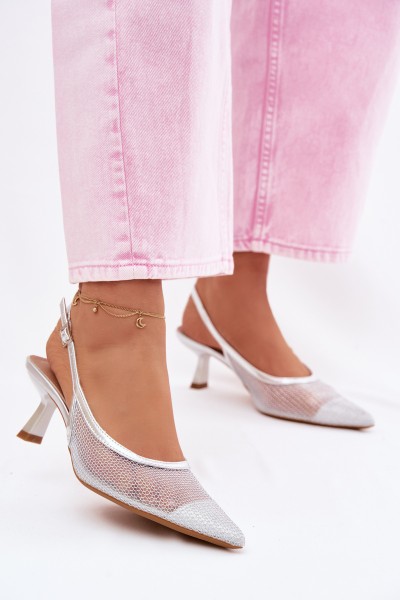 Calora Silver Mesh Sandals With Slim Heel