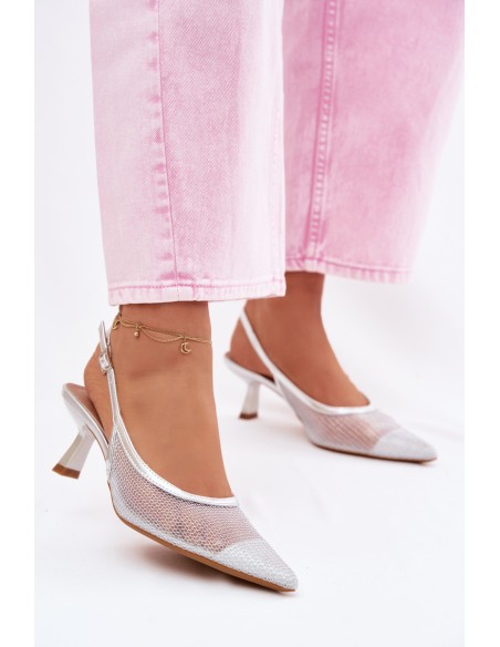 Calora Silver Mesh Sandals With Slim Heel