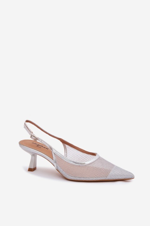 Calora Silver Mesh Sandals With Slim Heel