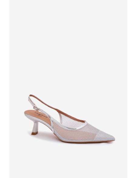 Calora Silver Mesh Sandals With Slim Heel