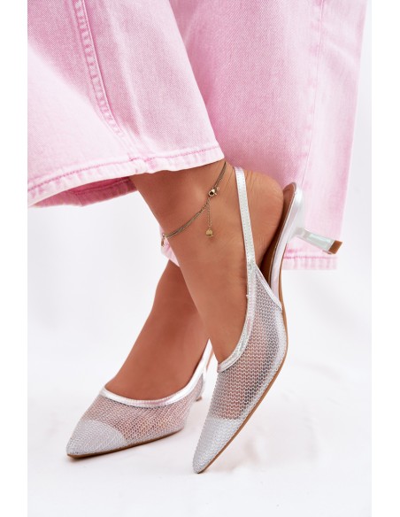 Calora Silver Mesh Sandals With Slim Heel