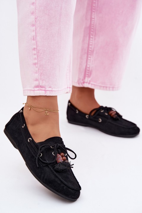 Women's Loafers With Fringes And Beads Black Teresa