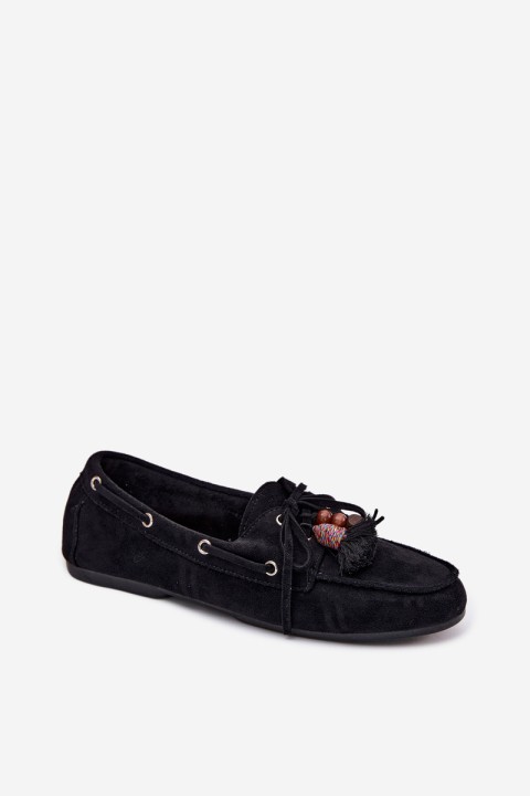 Women's Loafers With Fringes And Beads Black Teresa