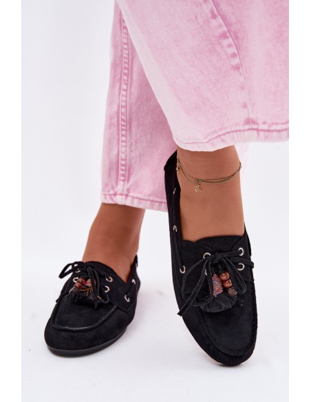 Women's Loafers With Fringes And Beads Black Teresa