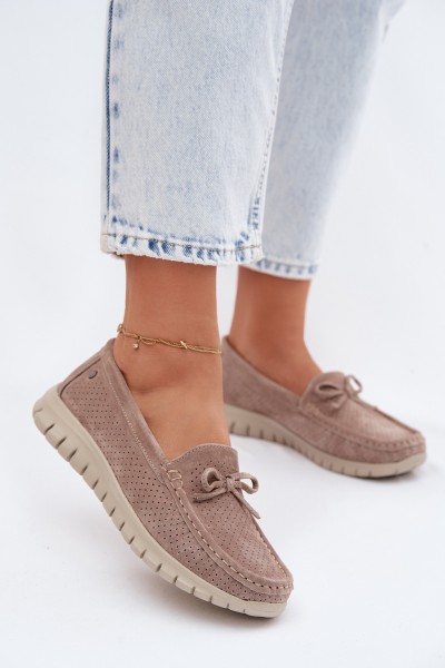 Women's Suede Loafers With Bow Vinceza Beige