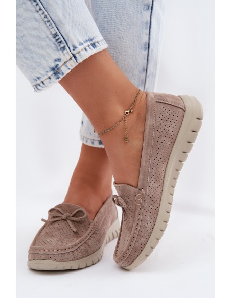 Women's Suede Loafers With Bow Vinceza Beige